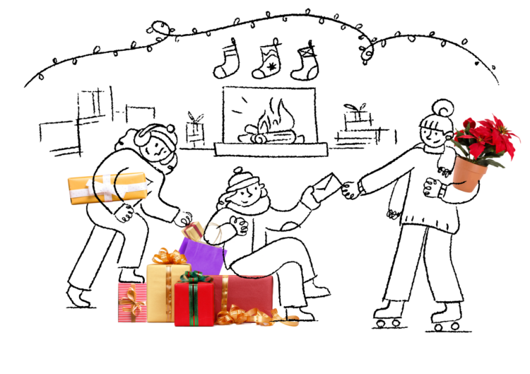Illustration of people celebrating Christmas with gifts in front of a fireplace
